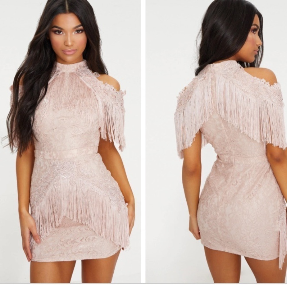 DUSTY PINK COLD SHOULDER LACE TASSEL TRIM BODYCON DRESS Sz US 4